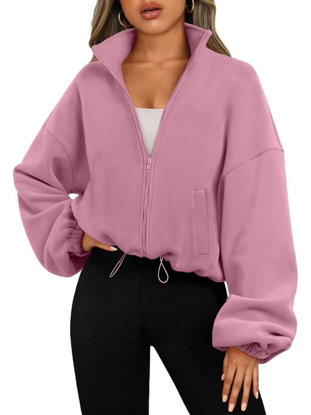 Women's Hot Pink Long Sleeve ZIP Up Oversized Cropped Sweatshirt Fleece Jacket